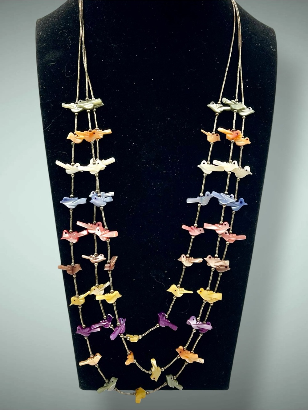 Vtg Native American Zuni 3-Strand Rainbow Bird Fetish Necklace Sterling Silver